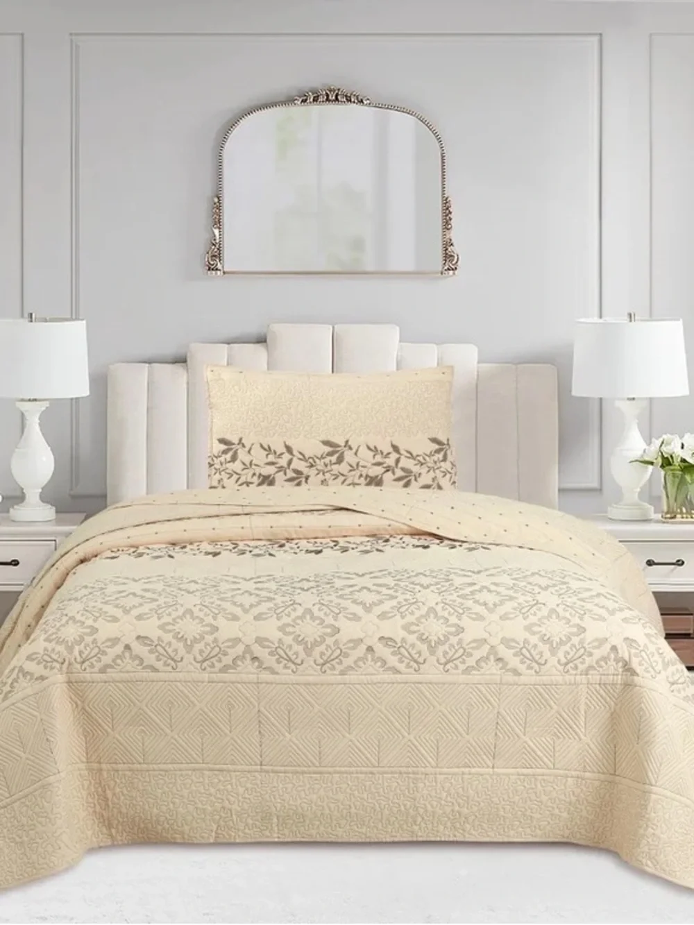Beige Floral Queen 3 piece embroidered quilt set
